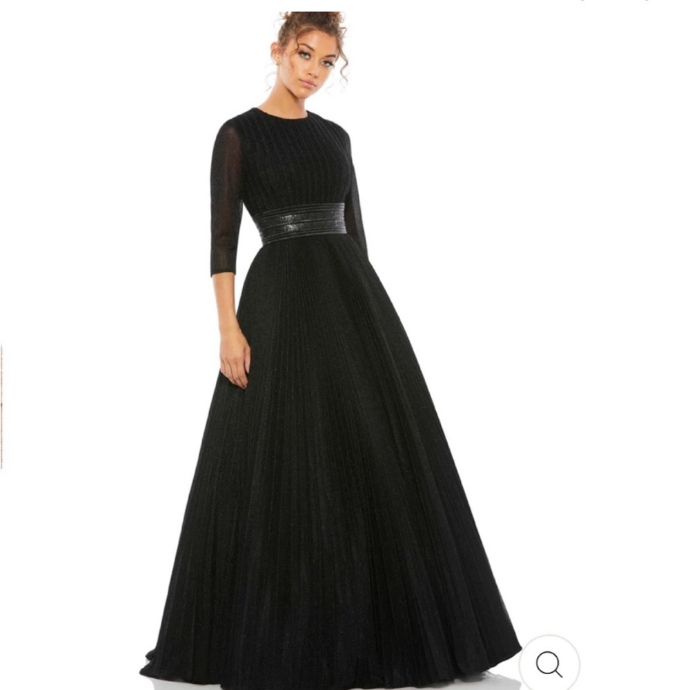 Mac Duggal Black Long Sleeve Evening Gown with Pleated Full Skirt. Belted Waist.